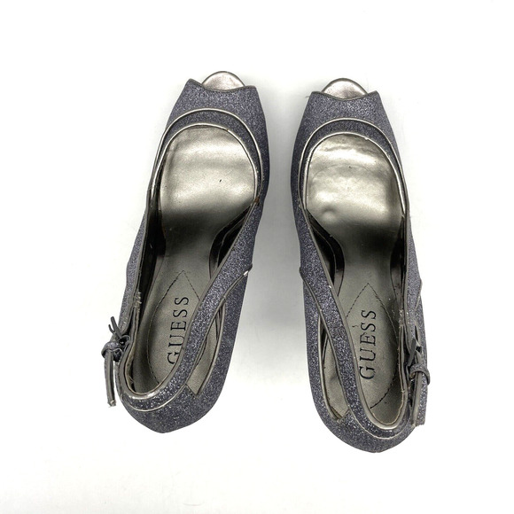 GUESS Silver/Lavender Tint Glitter Buckle Strap Gunmetal Pump Peep Toe Heel 6.5M - Picture 6 of 16